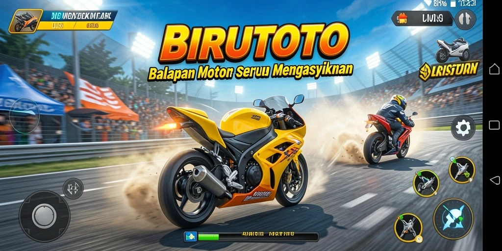 Screenshot gameplay BIRUTOTO menampilkan aksi balapan motor yang seru.