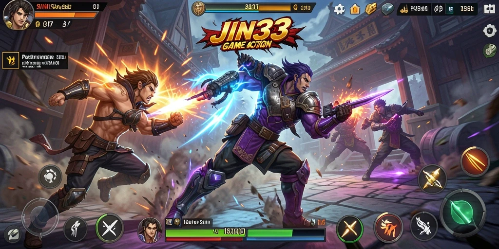 Screenshot menggambarkan aksi pertarungan seru dalam JIN33 dengan karakter menarik.