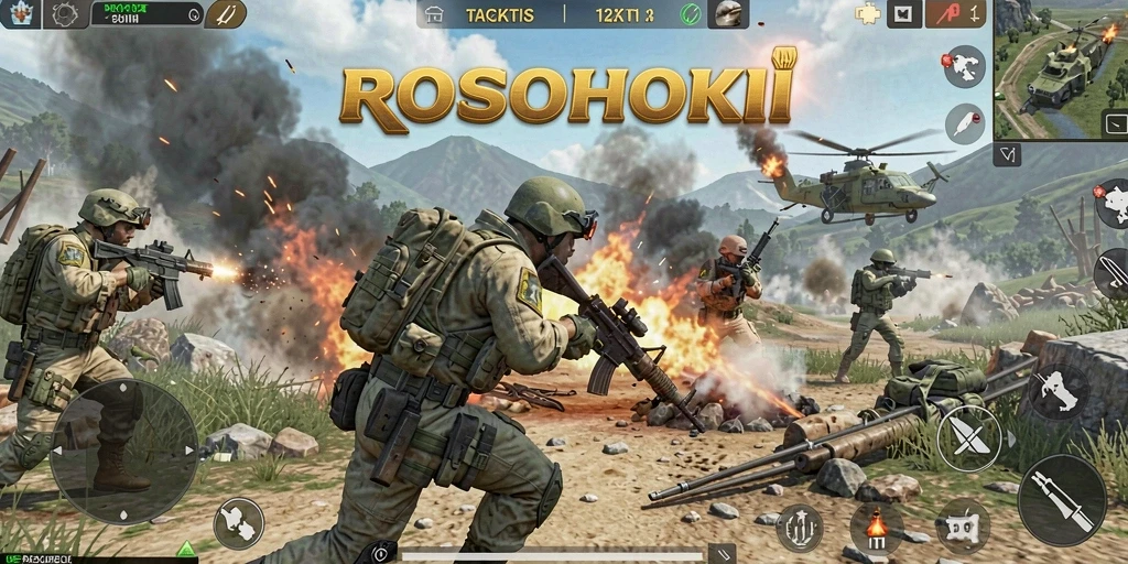 Screenshot gameplay ROSOHOKI menampilkan aksi pertempuran seru dan taktis.