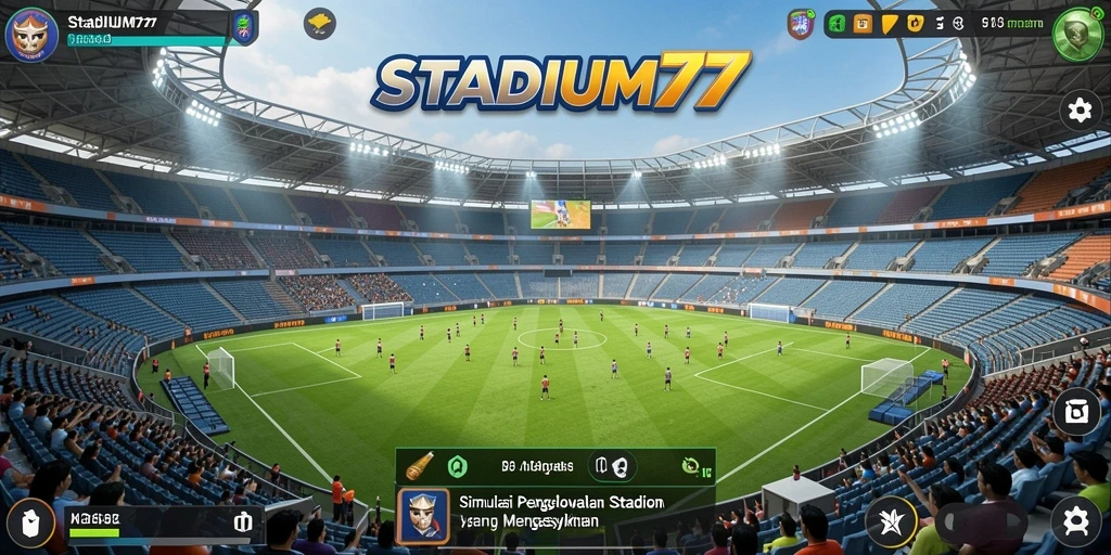Tampilan utama gameplay STADIUM77 yang menampilkan stadion penuh pengunjung.