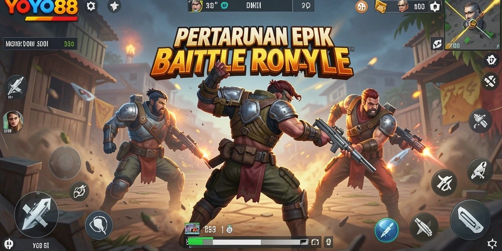 Screenshot utama YOYO88 menampilkan gameplay Battle Royale yang mendebarkan.